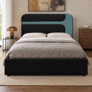 Pat tapițat Isadora 140×200 cm, negru + verde marin, cu ladă de depozitare