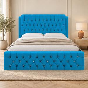 Pat tapițat Chesterfield din catifea Aveline Deluxe 140×200 cm, albastru deschis, cu ladă de depozitare