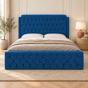 Pat tapițat Chesterfield din catifea Aveline Deluxe 140×200 cm, albastru, cu ladă de depozitare