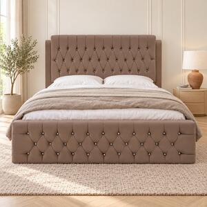 Pat tapițat Chesterfield din catifea Aveline Deluxe 140×200 cm, cappuccino, cu ladă de depozitare