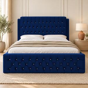 Pat tapițat Chesterfield din catifea Aveline Deluxe 140×200 cm, bleumarin, cu ladă de depozitare