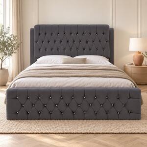 Pat tapițat Chesterfield din catifea Aveline Deluxe 140×200 cm, gri închis, cu ladă de depozitare