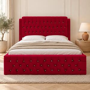 Pat tapițat Chesterfield din catifea Aveline Deluxe 140×200 cm, roșu, cu ladă de depozitare