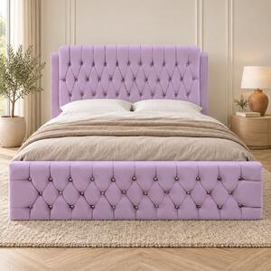 Pat tapițat Chesterfield din catifea Aveline Deluxe 140×200 cm, lila, cu ladă de depozitare