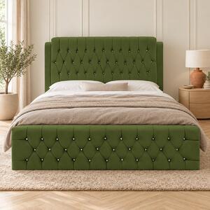 Pat tapițat Chesterfield din catifea Aveline Deluxe 140×200 cm, kaki, cu ladă de depozitare