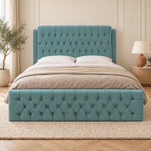 Pat tapițat Chesterfield din catifea Aveline Deluxe 140×200 cm, verde marin, cu ladă de depozitare
