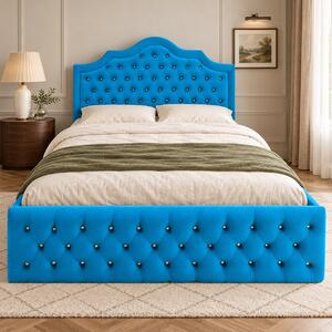 Pat tapițat Chesterfield din catifea Imperio Deluxe 140×200 cm, albastru deschis, cu ladă de depozitare