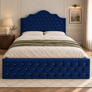 Pat tapițat Chesterfield din catifea Imperio Deluxe 140×200 cm, bleumarin, cu ladă de depozitare