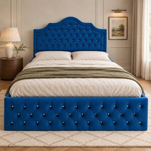 Pat tapițat Chesterfield din catifea Imperio Deluxe 140×200 cm, albastru, cu ladă de depozitare