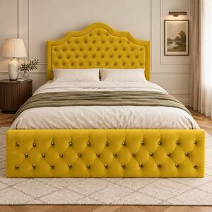 Pat tapițat Chesterfield din catifea Imperio Deluxe 140×200 cm, galben muștar, cu ladă de depozitare
