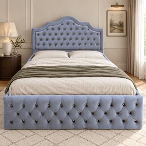 Pat tapițat Chesterfield din catifea Imperio Deluxe 140×200 cm, gri deschis, cu ladă de depozitare