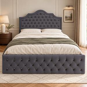 Pat tapițat Chesterfield din catifea Imperio Deluxe 140×200 cm, gri închis, cu ladă de depozitare