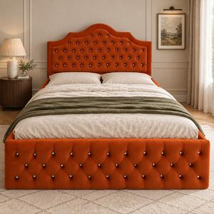 Pat tapițat Chesterfield din catifea Imperio Deluxe 140×200 cm, cărămiziu, cu ladă de depozitare