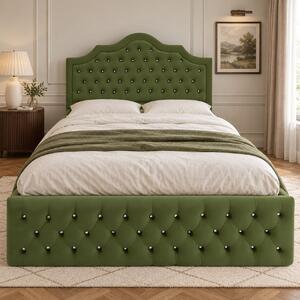 Pat tapițat Chesterfield din catifea Imperio Deluxe 140×200 cm, kaki, cu ladă de depozitare