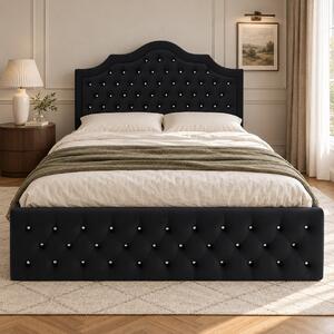 Pat tapițat Chesterfield din catifea Imperio Deluxe 140×200 cm, negru, cu ladă de depozitare