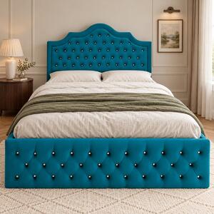Pat tapițat Chesterfield din catifea Imperio Deluxe 140×200 cm, turcoaz, cu ladă de depozitare