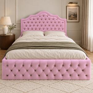 Pat tapițat Chesterfield din catifea Imperio Deluxe 140×200 cm, roz, cu ladă de depozitare