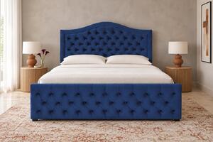 Pat tapițat Chesterfield din catifea Solaria Deluxe 120×200 cm, albastru, cu ladă de depozitare
