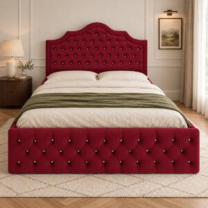 Pat tapițat Chesterfield din catifea Imperio Deluxe 140×200 cm, vișiniu, cu ladă de depozitare
