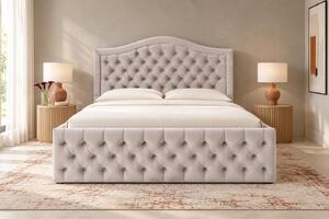 Pat tapițat Chesterfield din catifea Solaria Deluxe 120×200 cm, crem, cu ladă de depozitare