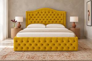 Pat tapițat Chesterfield din catifea Solaria Deluxe 120×200 cm, galben muștar, cu ladă de depozitare