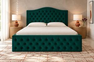 Pat tapițat Chesterfield din catifea Solaria Deluxe 120×200 cm, verde, cu ladă de depozitare