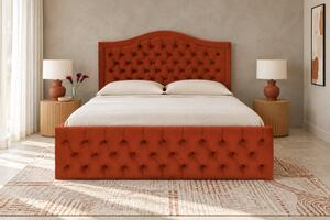 Pat tapițat Chesterfield din catifea Solaria Deluxe 120×200 cm, cărămiziu, cu ladă de depozitare