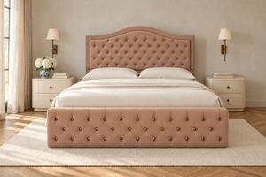 Pat tapițat Chesterfield din catifea Solaria Deluxe Cristal 120×200 cm, cappuccino, cu ladă de depozitare