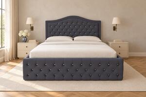 Pat tapițat Chesterfield din catifea Solaria Deluxe Cristal 120×200 cm, gri închis, cu ladă de depozitare