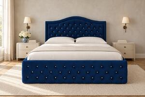 Pat tapițat Chesterfield din catifea Solaria Deluxe Cristal 120×200 cm, bleumarin, cu ladă de depozitare