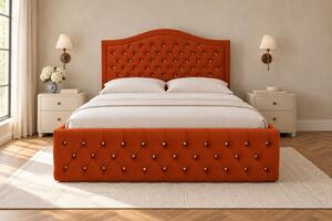 Pat tapițat Chesterfield din catifea Solaria Deluxe Cristal 120×200 cm, cărămiziu, cu ladă de depozitare