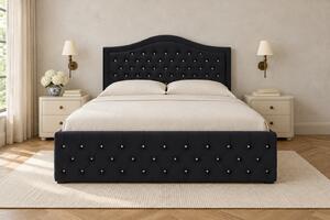 Pat tapițat Chesterfield din catifea Solaria Deluxe Cristal 120×200 cm, negru, cu ladă de depozitare