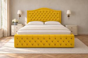 Pat tapițat Chesterfield din catifea Solaria Deluxe Cristal 120×200 cm, galben muștar, cu ladă de depozitare