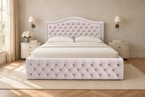 Pat tapițat Chesterfield din catifea Solaria Deluxe Cristal 120×200 cm, crem, cu ladă de depozitare