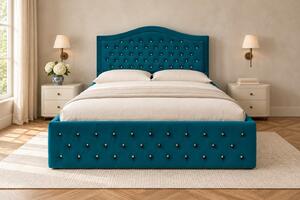 Pat tapițat Chesterfield din catifea Solaria Deluxe Cristal 120×200 cm, turcoaz, cu ladă de depozitare