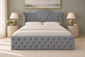 Pat tapițat Chesterfield din catifea Velora 140×200 cm, gri deschis, cu ladă de depozitare
