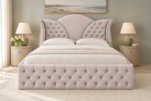 Pat tapițat Chesterfield din catifea Velora 140×200 cm, crem, cu ladă de depozitare
