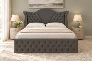 Pat tapițat Chesterfield din catifea Velora 140×200 cm, gri închis, cu ladă de depozitare