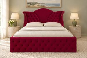 Pat tapițat Chesterfield din catifea Velora 140×200 cm, vișiniu, cu ladă de depozitare