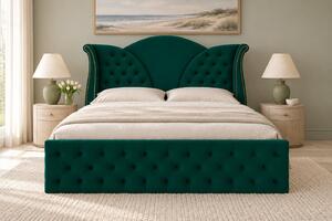 Pat tapițat Chesterfield din catifea Velora 140×200 cm, verde, cu ladă de depozitare