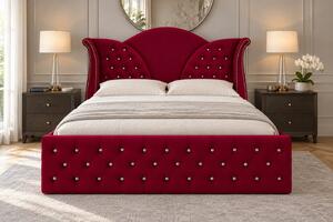 Pat tapițat Chesterfield din catifea Velora Cristal 140×200 cm, vișiniu, cu ladă de depozitare