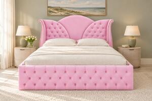 Pat tapițat Chesterfield din catifea Velora 140×200 cm, roz, cu ladă de depozitare