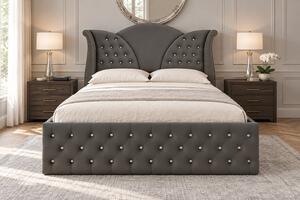 Pat tapițat Chesterfield din catifea Velora Cristal 140×200 cm, gri închis, cu ladă de depozitare