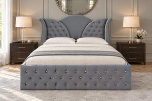 Pat tapițat Chesterfield din catifea Velora Cristal 140×200 cm, gri deschis, cu ladă de depozitare