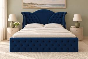 Pat tapițat Chesterfield din catifea Velora 140×200 cm, bleumarin, cu ladă de depozitare