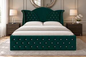 Pat tapițat Chesterfield din catifea Velora Cristal 140×200 cm, verde, cu ladă de depozitare