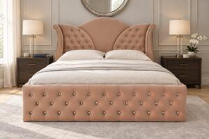 Pat tapițat Chesterfield din catifea Velora Cristal 140×200 cm, cappuccino, cu ladă de depozitare