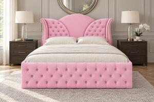 Pat tapițat Chesterfield din catifea Velora Cristal 140×200 cm, roz, cu ladă de depozitare