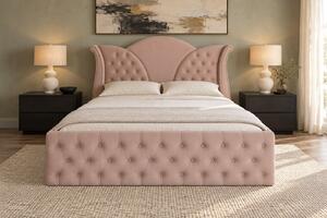 Pat tapițat Chesterfield din catifea Velora Deluxe Classic 140×200 cm, cappuccino, cu ladă de depozitare