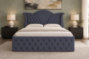 Pat tapițat Chesterfield din catifea Velora Deluxe Classic 140×200 cm, gri închis, cu ladă de depozitare
